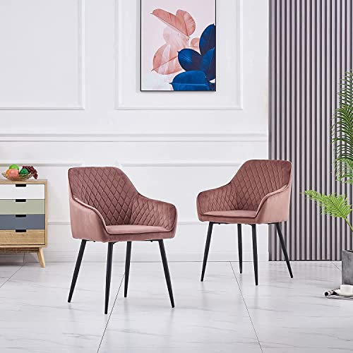 AINPECCA Lot de 2 Chaises de Salle à Manger avec Dossier et Siège Capitonée en Velours,Chaises Scandinaves de Salon avec Accoudoirs,Fauteuil Pieds en Métal pour Salle de Séjour(Rose)