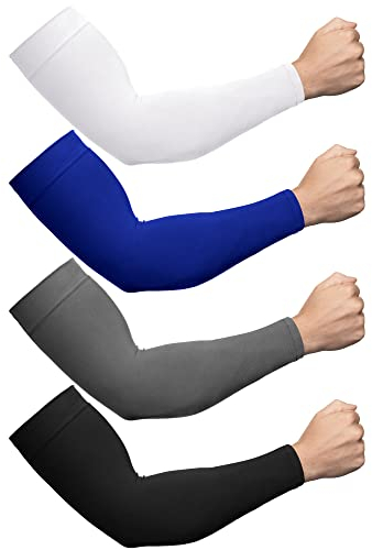 Foaincore 4 Paar kühlende Arm-Sonnenärmel in Übergröße für Männer und Frauen, UV-Sonnenschutz, übergroße Kompressionsmanschetten (Schwarz, Weiß, Grau, Königsblau)