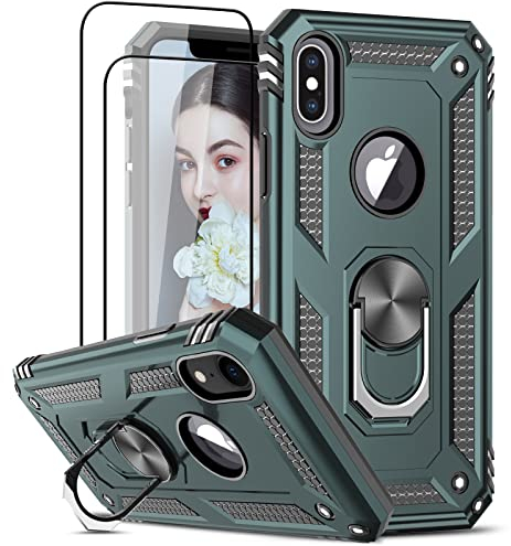 LeYi für iPhone XS Hülle/iPhone X Handyhülle mit 2*Glasfolie, 360 Grad Drehhalter Schutzhülle Militärische Rüstung Case Kantenschutz Fallschutz Handy Hüllen Cover Grün