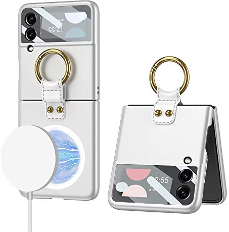 TINGYR Funda para Samsung Galaxy Z Flip 4, Carcasa con Todo Incluido y Protección de Película Templada, con Anillo, Duradera Protector para Samsung Galaxy Z Flip 4. (Plata)