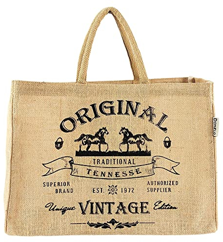 Domelo Einkaufskörbe. Bedruckte Einkaufstasche. Jute Tasche groß. Korbtasche, wasserabweisenden Strandtasche. Jutetaschen Shopper als Shopping bag. Nachhaltige Tragetasche (Vintage Pferde)