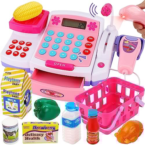 BUYGER Kinder Kaufladen Kasse Spielzeug, Spielkasse Kinder mit Scanner, Waage, Mikrofon, Rechner, Registrierkasse mit Licht und Sound, Geschenk für Mädchen Jungen ab 3+ Jahre