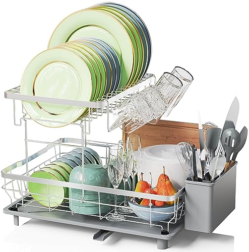 LIONONLY Escurridor de Platos,2 Niveles Gran Estante de Secado de Platos con Bandejas de Goteo, Soporte de Cubiertos,Estante de Tazas und Puerta de Boquilla Giratoria,Escurreplatos sobre Fregadero
