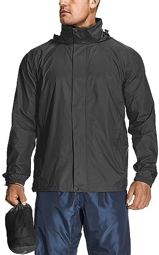 yeyity Veste de pluie pour homme - Imperméable et légère - Pliable - Avec capuche - Coupe-vent - Veste de randonnée - Veste d'extérieur (7058, noir, M), Noir , M