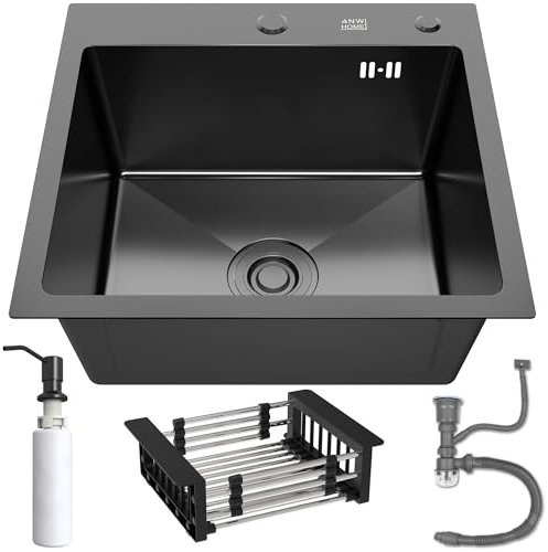 ANW HOME Fregadero de Cocina Graphite 46x45 cm con Sifón, Escurridor de Cestillo y Dispensador de Jabón de 350 ml, Fregadero de Cocina de Acero Inoxidable 304 con 2 Agujeros para Grifo
