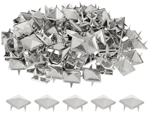 sourcing map 150 Stück Quadratische Pyramiden-Nieten für Kleidung, 12 mm Vier-Kiefer-Stollen-Spikes, Kupfer Punk Rock Nagelkopf-Spots für Taschen, Schuhe, Lederverarbeitung (Silberton)