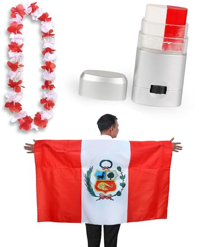 Sonia Originelli Fanset Fanartikel Poncho Fahne Flagge zum Umhängen Schminkstift und Blumenkette Hawaiikette Farbe: Peru