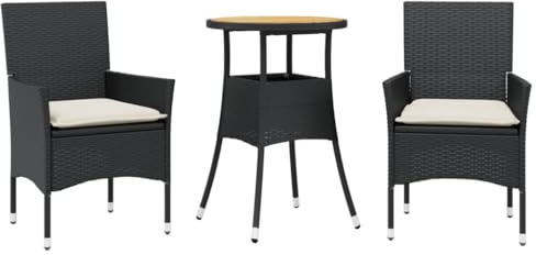 vidaXL Garten Essgruppe 3-TLG., Gartenmöbel Set mit Kissen, Gartengarnitur Tisch 2 Stühle, Lounge Sitzgruppe Sitzgarnitur, Schwarz Poly Rattan Akazie