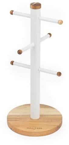 Salter BW13566WEU7 Toronto Mug Tree – Acacia Wood Cup Holder for Kitchen Countertop Tabletop, 6 Branch Display Stand for Coffee Mugs/Tea Cups, Freestanding Sturdy Steel Storage Rack, White
