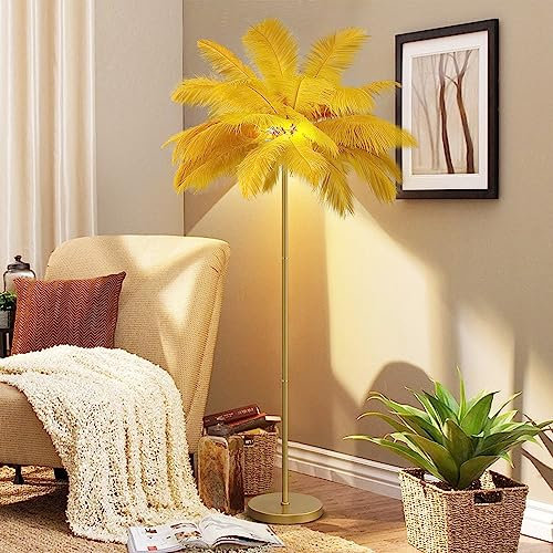 MLQUC Floor Lamps,Feather Ground Lamp, 3 Color Temperatures Feather Palm Tree Floor Lamp for Living Room Standing Lamp Tall with Foot Switch Floor Lamp for Bedroom 6 Led Bulb/Gold