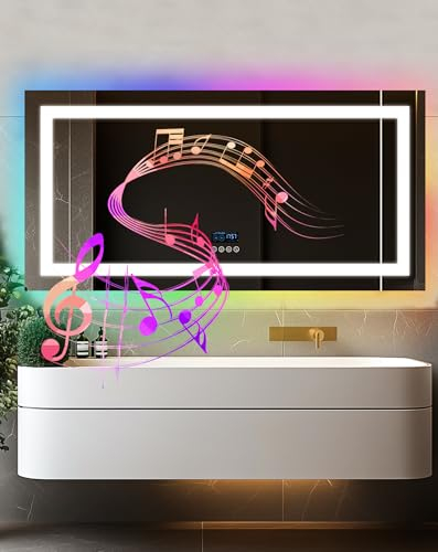 LUVODI Badezimmerspiegel mit RGB Beleuchtung: 120x60 cm Smart Badspiegel mit Bluetooth 4 Touchschalter Dimmbar Bunt 11 Farben Antibeschlag, LED Spiegel für Bad Zuhause Schlafzimmer Party Bar