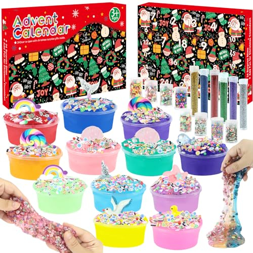 Schleim Adventskalender 2024, Weihnachts-Adventskalender 2024 für Kinder, DIY Slime Herstellungsset 24 Tage Weihnachten Countdown Weihnachtskalender für Mädchen Jungen 3 4 5 6 7 8 9 10 11 Jahre alt