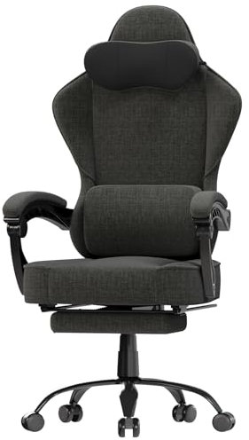 TRIUMPHKEY Silla Gaming LED de Tela, Silla de Juegos con Masajeador, Silla de PC con Reposacabezas, Silla Oficina Ergonómica con Reposapiés para Oficinas y Juego (Gris Oscuro)