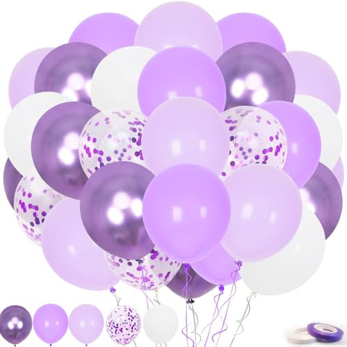 Lavendel lila Ballons, 60 Pcs 12inch lila metallische Ballons Lavendel helllila lila Ballons Konfetti Ballons mit lila Bändern Set für Geburtstag Brautdusche Hochzeit Party Dekorationen