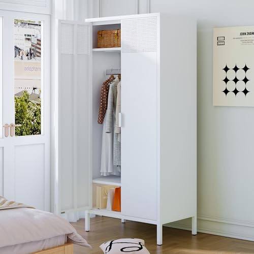 COFaR Metall-Kleiderschrank mit Hängestange, 180,3 cm hoch, Schlafzimmerschrank, Kleiderschrank für Zuhause, Büro, Garage, Waschküche, Weiß