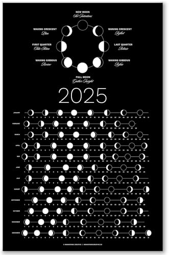 Mondphasenkalender 2025 (flach versandt) – hängbares dunkles Mond-Wandposter – ideal als einzigartiges Geschenk, Mondverfolgung, Wanddekoration & Kunst, Astrologie-Dekorationen – ein himmlischer