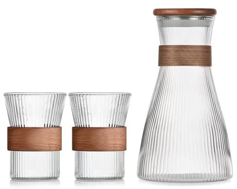 Karaffe aus Glas Glaskrug Set Wasserflasche Glaskaraffe mit Deckel,Wasserkaraffe im Modernen Streifendesign Saftglas mit großem Fassungsvermögen von 1500 ml 2 Gläsern 330 ml