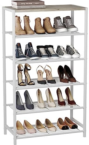 HOME BI 6-Tier Industrial Shoe Rack, Metal Shoe Storage Organizer Shelves with Stable Metal Frame, Shoe Organizer for Closet, Hallway, Entryway, Living Room,White