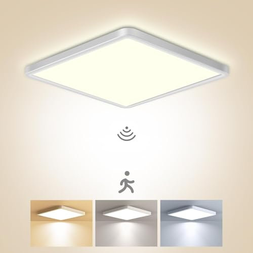 zemty Lampe mit Bewegungsmelder Innen, 22cm 18W Deckenlampe mit Bewegungsmelder, 3000K/4000K/6500K Deckenleuchte mit Bewegungsmelder, 1800LM Deckenlampe für Flur Treppe Abstellraum Keller