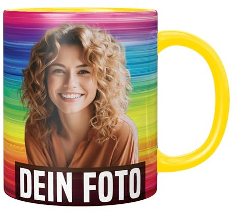 Personalisierte Tasse mit Foto, Tasse personalisiert mit Foto und Text – gedruckt in Deutschland (Gelb, Randloser Druck)