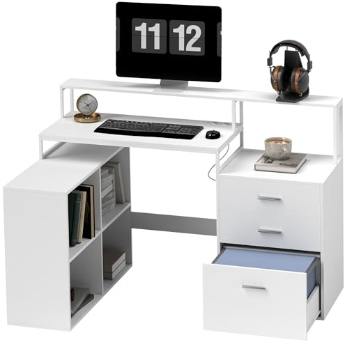 HOMCOM Eckschreibtisch mit 2 Tischen, 4 Ablagefächern, 3 Schubladen und Monitorständer, Eckschreibtisch mit USB-Computeranschluss für Büro und Arbeitszimmer, 138,5x90x92 cm, Weiß