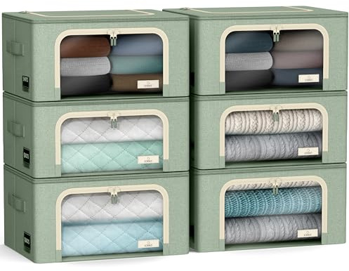 Sorbus Clothes Storage Bins, Clear Window & Handles (6 Pack, Teal) | Large foldable stackable boxes have easy-carry grips for bedding and linens in closets, bedrooms and laundry rooms.
