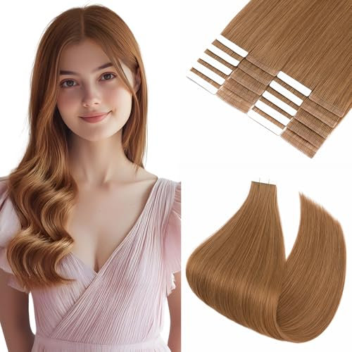 Silk-co Doppelt genähte Tape Extensions Echthaar 20stk, Tape in Extensions Echthaar 50g, Invisible Echthaar Extensions Tape, Haarverlängerung Echthaar #06 Hellbraun 45cm
