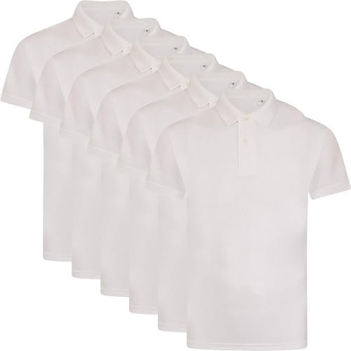 New Pack of 4 Mens Polo Shirt Short Sleeve Plain Pique Top Designer Tshirt Tee, White - Pack of 6, M