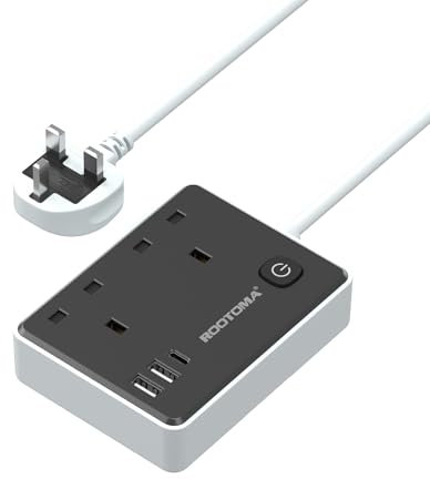 Black Extension Lead 1M with 3 USB Slots (1 USB C), 2 Gang Short Extension Lead with Switch, Small Power Strip for Travel Home Bedroom Kitchen Office, Surge Protected, Black