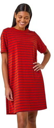 Roman Originals Tunic Dress with Pockets for Women UK Ladies Swing Fit & Flare Skater Slouch Stretchy Casual Smart Winter Jersey Pull On Work Office 3/4 Long Sleeves - Red Stripe - Size 12