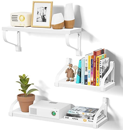 Love-KANKEI Floating Wall Shelves with Brackets, white Paulownia Wood | Wall-Mounted Shelf Set, 18 kg Capacity per Shelf, 3 Sizes Included, Three-Way Bracket Mounting, Ideal for Bedroom & Bathroom