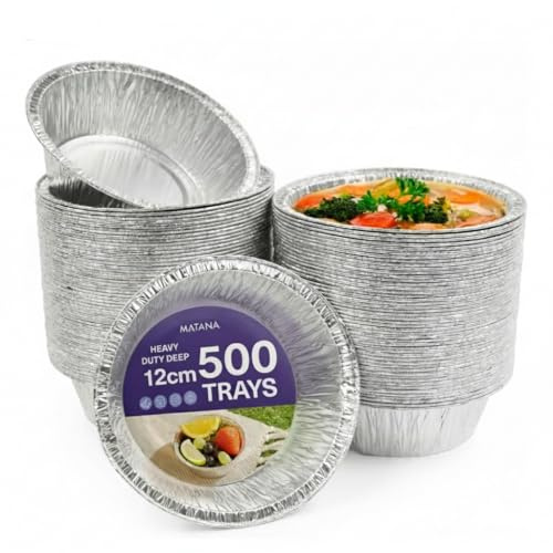 MATANA 500 Pack 5 Foil Pie Dishes - 12 cm / 250 ml Round Baking Trays for Tarts, Quiches, Desserts & Cakes – Reusable & Disposable Aluminium Pie Tins