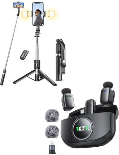 Selfie Stick Tripod with Lights & Mini Wireless Lavalier Microphone for Video Recording/Live Streaming/TikTok