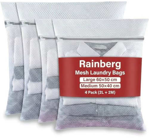 Rainberg Mesh Laundry Bags for Washing Machine, Large 60x50cm and Medium 50x40cm, Durable with Zip Reusable Clothes Washing Bags for Travel and Storage, White, 4 Pack (4 Pack (2L + 2M))