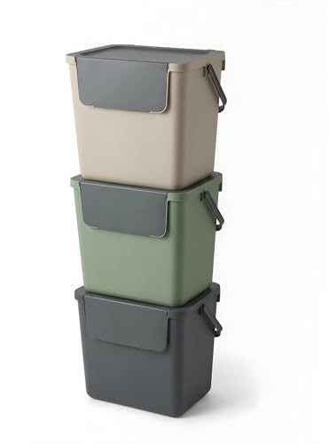 WUITOKI® Mülleimer stapelbar, 3x 30l, groß, Mülltrennsystem 3 fach, freistehend, geruchsdicht, 38x28x34(H) cm