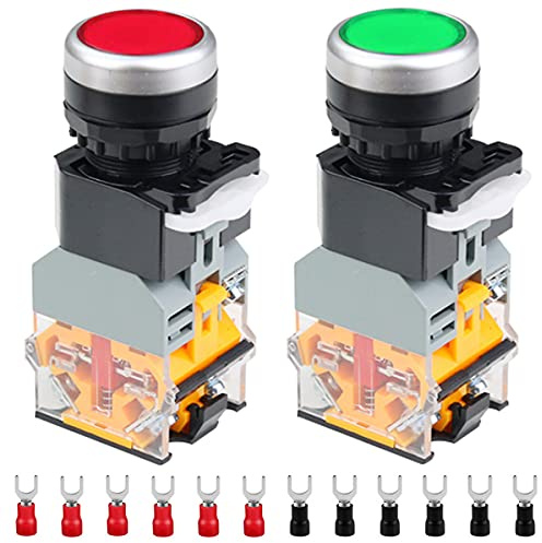 HAAMNING7 2 Stück 220V 22mm Momentaner Druckknopfschalter 10A 2 Farbe (Rot/Grün) LA38-11DN 1NO 1NC LED-Anzeige Licht schalter für Heimwerker mit 12 Stück Gabelkabelschuhe