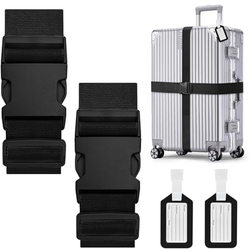 Koffergurte 2 Stück, Verstellbare Kofferband mit Kofferanhänger, Auffällig Kreuzgurt Kofferbänder für Koffer Markierung, Reisezubehör Gepäckgurt Luggage Strap zum Sicheren Verschließen (Schwarz)