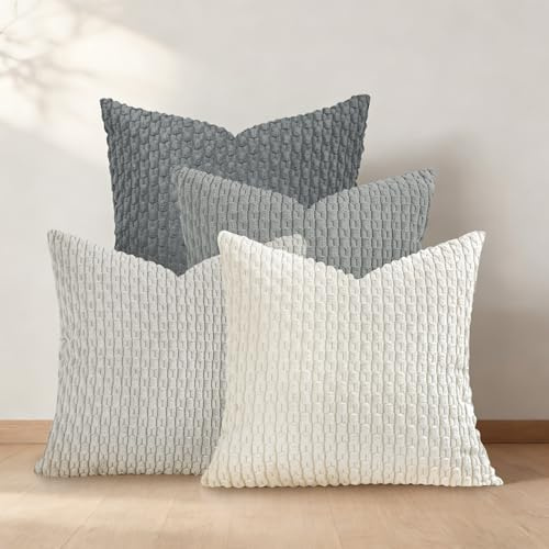 Joymaison Kissenbezüge 45x45 4er Set Grau Gestreift Boho Weiche Modern Cord | Deko Kissenhülle Cord Landhausstil Moderne Gestreifte Neutral Geflochtene Dekorative Kissenbezug Kissen für Couch Sofa