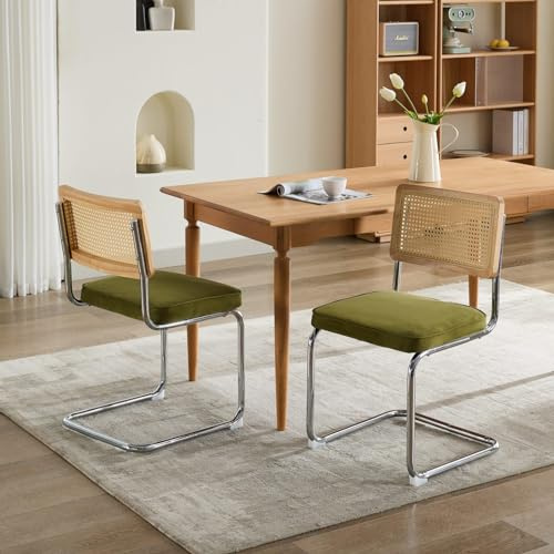 BLUON HOME Freischwinger Stühle, Freischwinger Wiener geflecht, Mid Century Modern Essstühle Set von 2, Samt Akzent Stühle mit natürlichem Rohr Rücken & Edelstahl Chrome Base (Olive Green)
