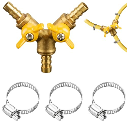 Ebksqs Válvula de Bola de Latón 3 Vías con 3 Abrazaderas, Conector en Forma de Y para Manguera de Gas Butano 10 mm-11 mm, Interruptor de Válvula y Llave de Paso Agua