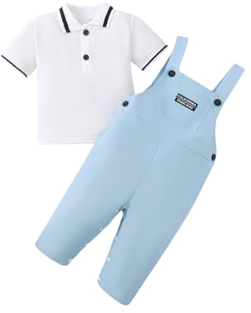 JENJON Abbigliamento Bambini Piccoli Polo a Maniche Corte con Contrasto Colletto +Salopette Pantaloni Casual Tinta Unita per Ragazzi 2 Pezzi Abiti Set Primaverili e Estivi
