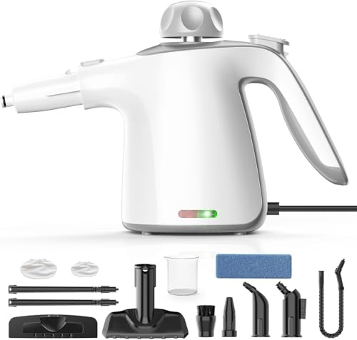 Dampfreiniger Handgerät mit 12-Teiligem Zubehör, 1100W 450 ml Handdampfreiniger für Haushalt, Küche, Bad, Fenster, Polster & Auto–100% Chemiefrei, Hochdruck-Dampf gegen Schmutz Fett & Bakterien