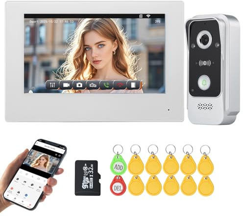 QttyElok Videocitofono WiFi Tuya 2 Fili con Monitor 7 Pollici Touchscreen, Telecamera da Esterno 1080P IP65, Visione Notturna IR, Rilevamento del Movimento, Supporta RFID IC Carta/APP Sblocco