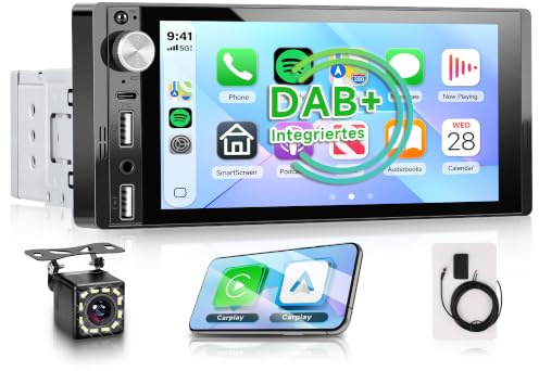 DAB+ Autoradio 1 Din Carplay Android Auto Wireless Bluetooth, 6.9'' IPS Touchscreen Stereo con Mirror Link Vivavoce Bluetooth DAB+ Radio Digitale FM Tipo-C USB EQ Controllo del Volante Retrocamera