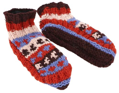 GURU SHOP Wollhausschuhe, handgestrickte Hüttenschuhe aus Wolle, Unisex | Kuschelig warme, handgestrickt, von nepalesischen Frauen gefertigt, kleine Musterabweichungen möglich.