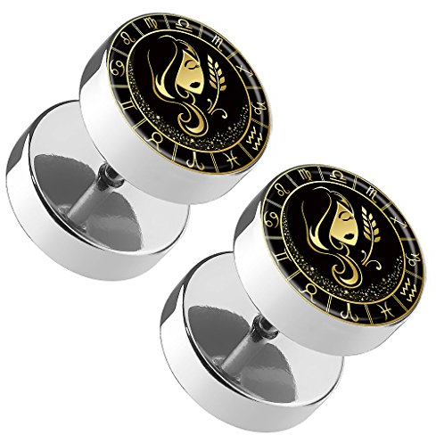 Piercingfaktor 1 Paar Fake Piercing Runde Ohrringe Ohrstecker Ohr Plug Flesh Tunnel mit Sternzeichen Motiv Tierkreiszeichen Jungfrau