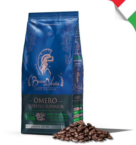 BOCCA DELLA VERITA Caffe in Grani Italiano Arabica e Robusta Idea Regalo Aroma OMERO Espresso Superiore Caffè in Grani Sacco da 1 Kg Tostato Naturalmente e Artigianalmente Rainforest e UTZ