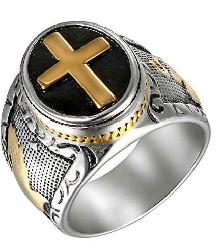 Flongo Herren-Ring Rosenkranz-Ring Herrenring, Edelstahl Ring Edelstahlring Bandring Schwarz Silber Gold Daumenring Herrenringe Siegel Kreuz Kruzifix Jesus Männer Herren-Accessoires Größe 71mm
