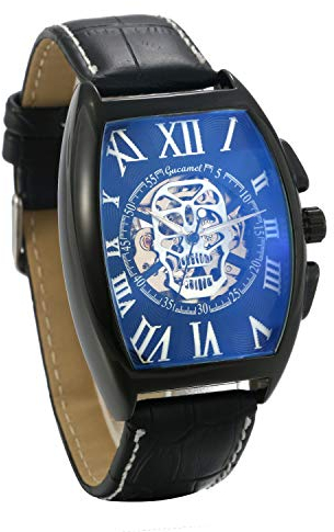 JewelryWe Herrenuhr Analog Automatik Uhr Automatische Mechanische Leder Band Totenkopf Schädel Skelett Armbanduhr Automatikuhr mit Rechteckig Römischen Ziffern Zifferblatt, Schwarz