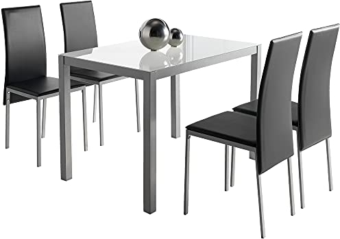 MOMMA HOME Conjunto de Mesa y Sillas Melbourne - con 4 Sillas - Mesa Fija - con Encimera de Cristal - para Salón y Cocina - Muy Elegante - Diseño Moderno Color Blanco y Negro